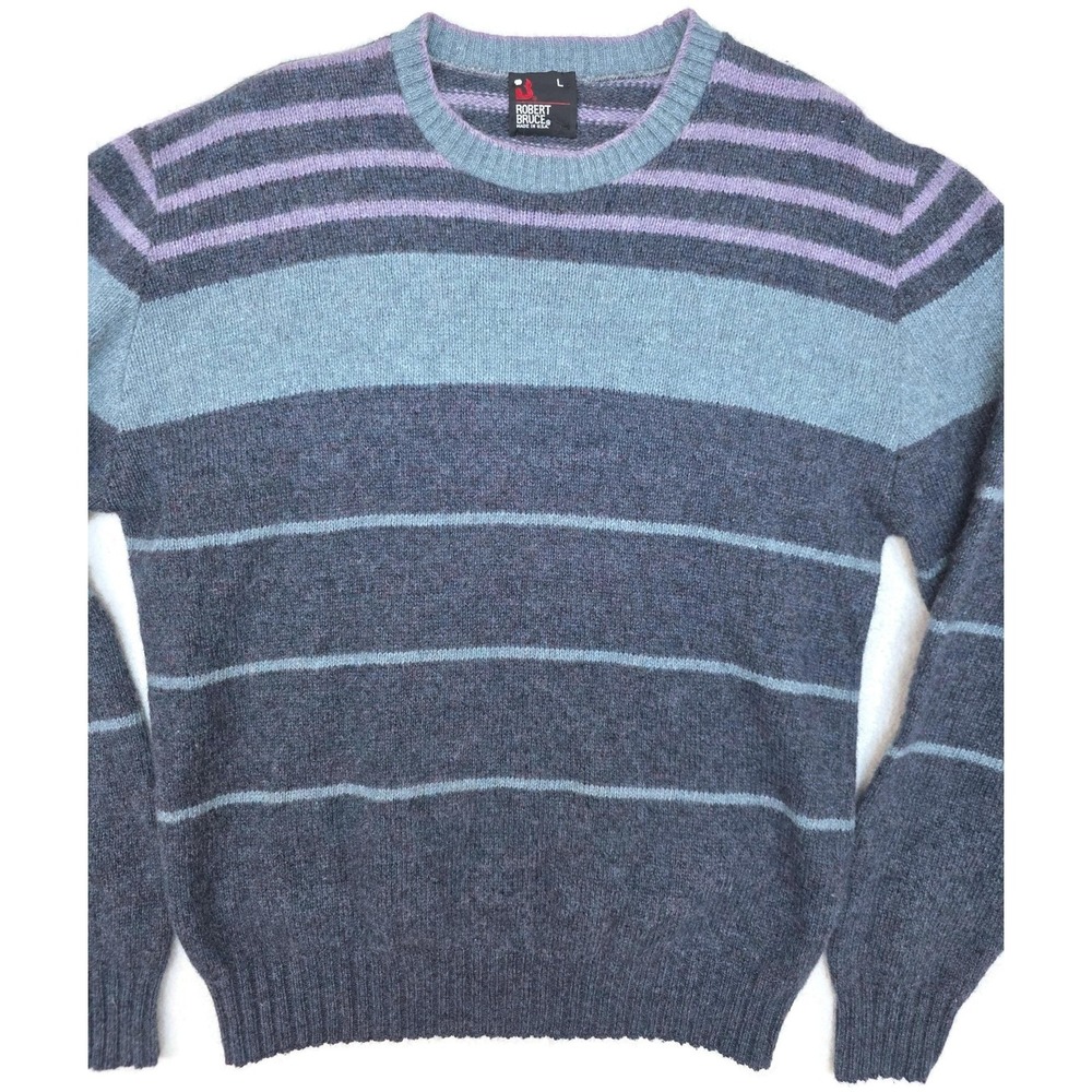 Vintage Robert Bruce Sweater Mens Large Gray Striped Wool Blend Crewneck USA 80s